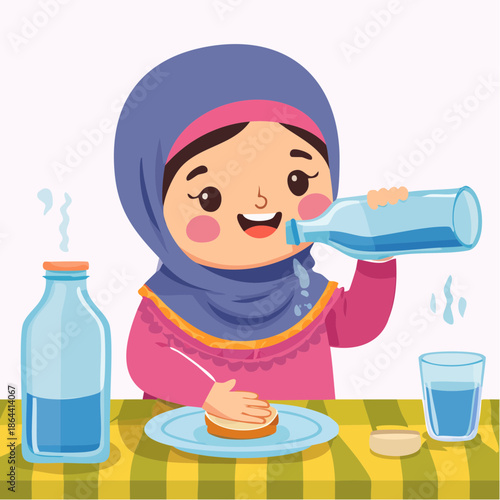 Girl in Hijab Drinking Water from Bottle.