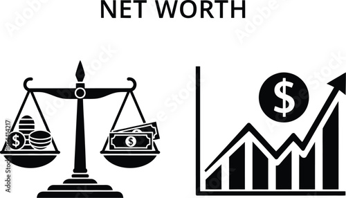 Financial icons symbolizing net worth and upward trend in monetary value on a clean background