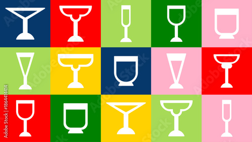 Retro cocktail glass stickers set. Martini, wine and aperitif shapes in bold colors. Minimal cartoon style with groovy 90s mood.