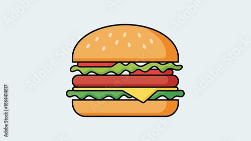 Minimalist Digital Illustration of a Classic Cheeseburger with Fresh Ingredients and Sesame Seed Bun