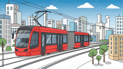 modern urban tram traveling through cityscape with skyscrapers and green trees