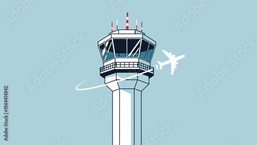 Modern airport control tower with an airplane in flight and clear sky background