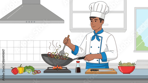 Professional chef preparing stir-fry in bright modern kitchen with fresh vegetables and noodles