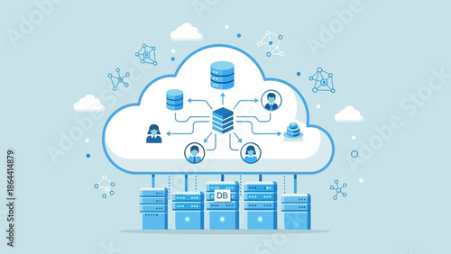Illustration of cloud computing infrastructure with data storage and network connections in a