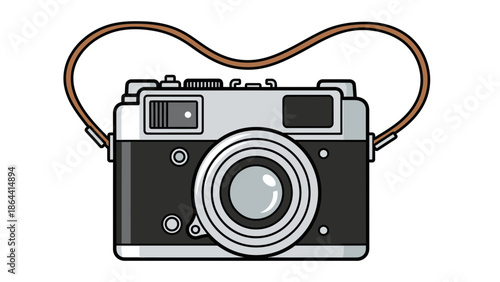 Stylized vintage camera illustration with a leather strap and detailed features for photography