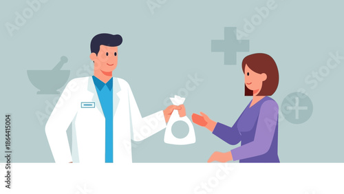 Medical professional handing over a bag of medication to a patient in a clinical setting