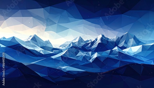 Geometric landscape with peaks, reflecting blue tones of dawn, and starry polygonal sky with intricate lines and details