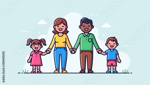Joyful family outdoor walk with children holding hands under bright sky