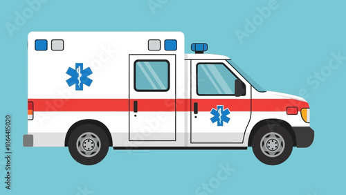 Modern Medical Emergency Vehicle Illustration with Blue Sky Background and Safety Symbols