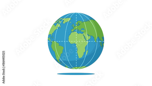 Illustration of the Earth with continents and longitude and latitude lines for educational or