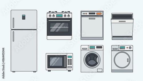 Indoor kitchen appliances collection including refrigerator stove microwave dishwasher and washing