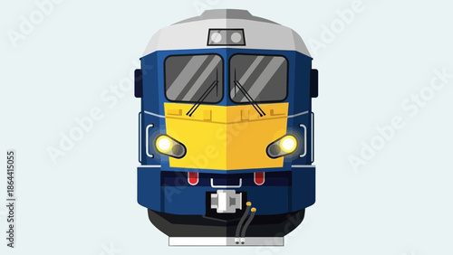 Stylized illustration of a modern diesel locomotive train with a bold yellow and blue color scheme