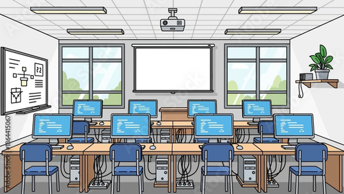 Modern computer classroom setup with multiple workstations and a shared digital project space