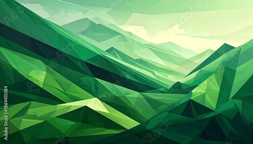 Geometric landscape with overlapping planes forming mountainous terrain, depicted in varying shades of green with a bright sky