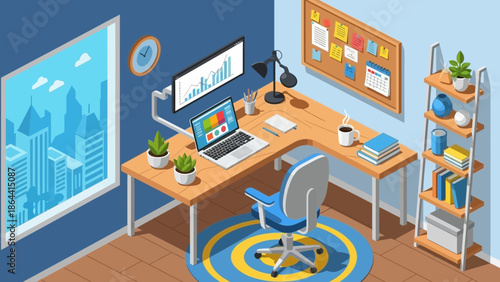 Modern home office workspace setup with dual monitors and organizational shelves ensuring