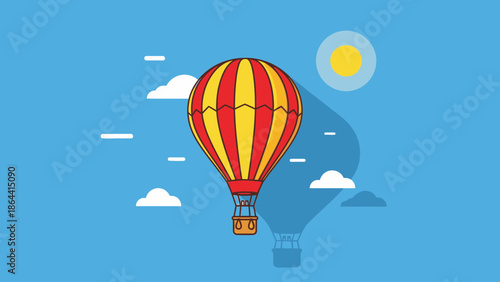 Vibrant hot air balloon rising through clear blue sky with sun and clouds
