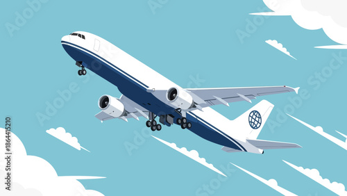 Modern commercial airplane soaring through clear blue skies with dynamic motion