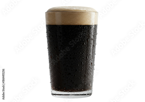 A photorealistic, perfectly chilled nonic pint glass with heavy condensation and a single drip, holding a dark stout beer with a creamy head, on a transparent background. Concept for beverage