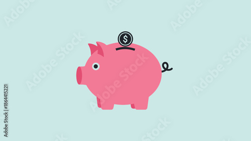 Minimalist Illustration of a Pink Piggy Bank with Coin Drop Concept for Savings and Finance