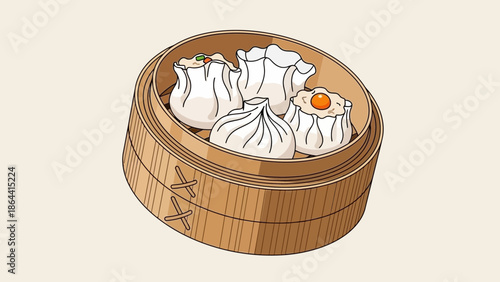 Warm Asian steamed dumplings with savory fillings in traditional bamboo steamer basket