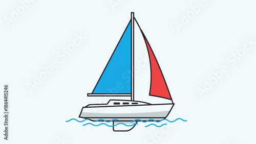 Minimalist Illustration of a Sailing Catamaran with Colorful Sails on Water