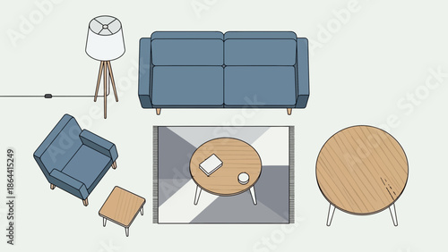 Minimalist living room with modern blue sofa, armchair, side table, and stylish lighting fixtures