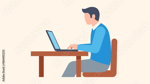 Minimalist Illustration of a Man Working on a Laptop at a Desk for Office or Remote Work Environment
