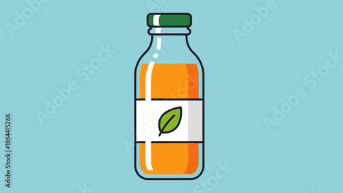 Simple Illustration of a Medicine Bottle with an Orange Label and Green Cap on Light Blue Background