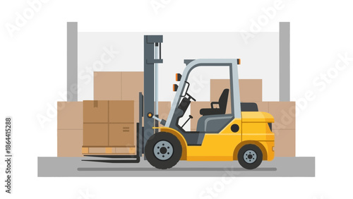Industrial warehouse with a yellow forklift handling cardboard boxes and storage racks for