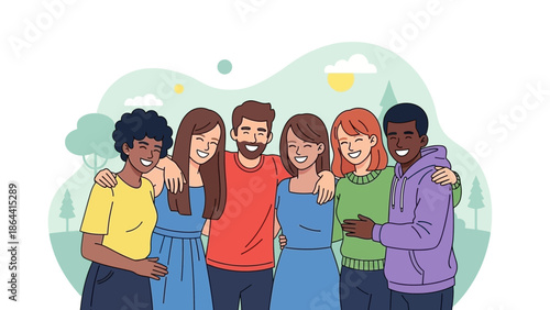 Joyful group of diverse friends celebrating outdoors amid nature with smiles and camaraderie in a