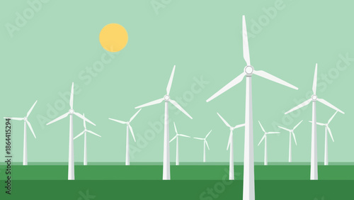 Renewable Energy Landscape Featuring Multiple Wind Turbines Under a Pale Sky with Sun