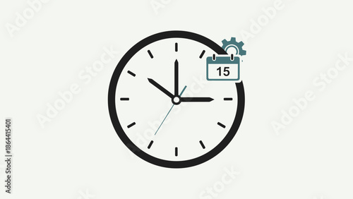 Minimalist Clock Illustration with a Scheduled Date and Gear Icon Emphasis