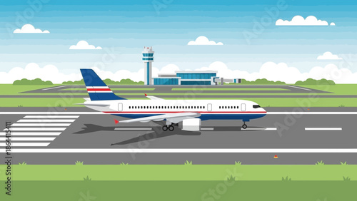 Modern commercial aircraft taxiing on airport runway with control tower in the background