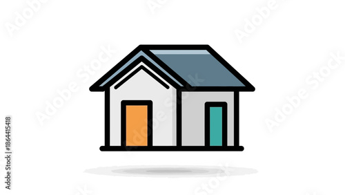 Minimalist Illustration of a Modern Two-Story House with Colorful Doors and Roof