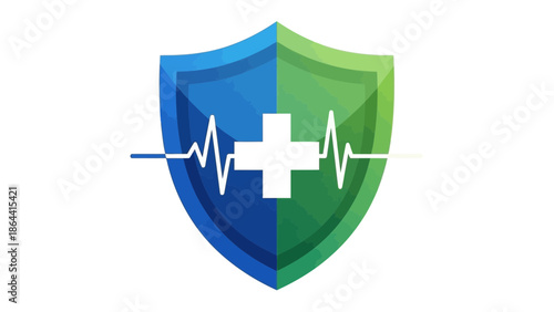 Modern health and safety shield emblem with medical cross and heartbeat line design