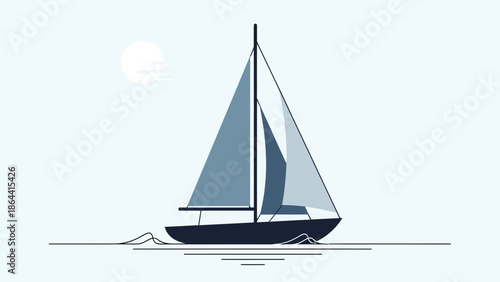 Minimalist Illustration of a Sailing Yacht Under a Bright Moonlit Sky