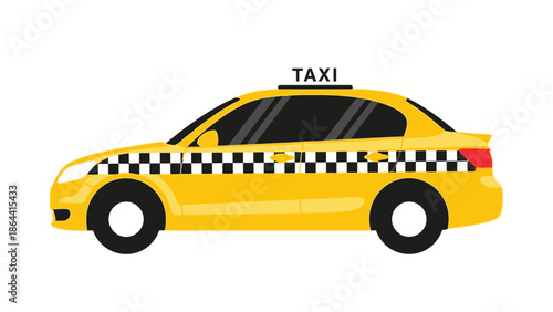 Modern yellow taxi cab with checkered stripe and rooftop sign for urban transport services