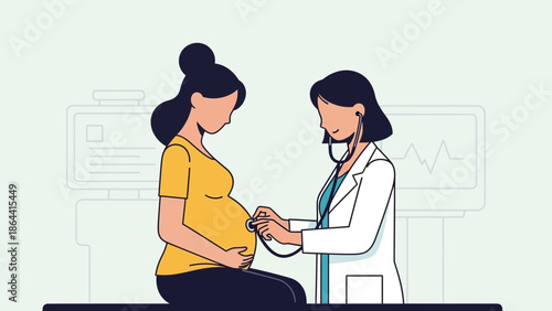 Pregnant woman receiving medical checkup from healthcare professional in clinical setting