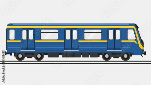 Modern blue city transit train with yellow accents on railway tracks suitable for urban