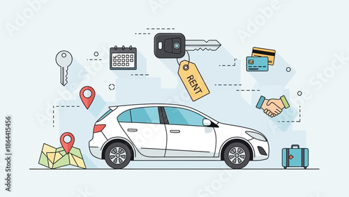 Modern car rental service concept with key, calendar, camera, map and payment icons