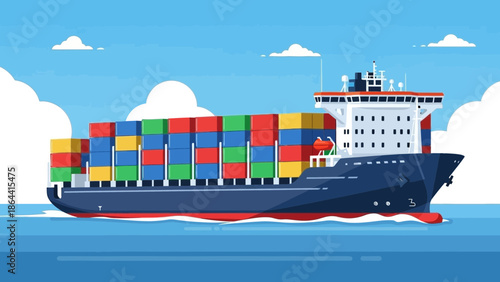 large container ship navigating open sea with colorful cargo containers under blue sky