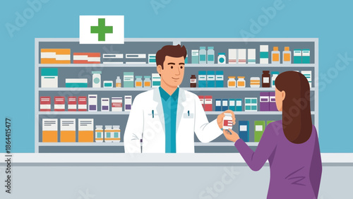 Pharmacist Assisting Customer with Medicine Purchase in Modern Pharmacy