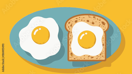 Minimalist Illustration of a Breakfast Plate with Fried Eggs and Toast on Bright Yellow Background