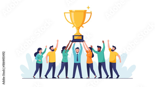 Team Celebrating Victory with a Large Trophy in a Modern Illustration