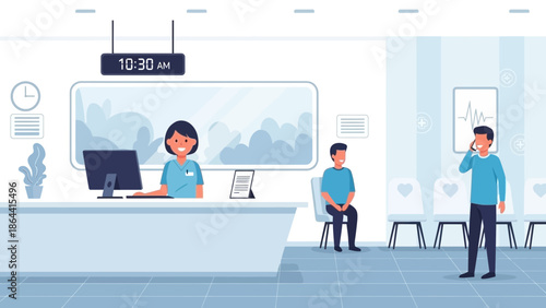 Modern waiting area in a healthcare facility with staff and patients during daytime hours