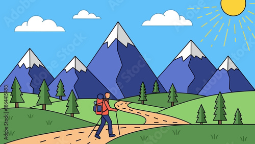 Tranquil mountain landscape with hiker exploring lush green hills under bright sun