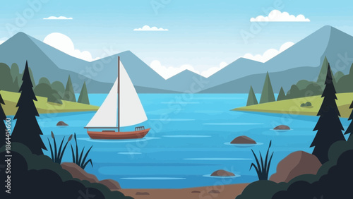 Serene mountain lake landscape featuring a sailing boat amidst lush greenery and towering peaks