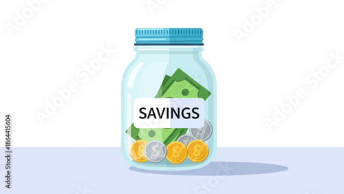 Visual representation of financial savings in a glass jar with coins and cash notes for effective
