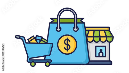 Stylized shopping bag with additional retail store and cart for consumerism and commerce