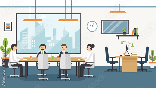 modern office meeting room with four professionals engaging in discussion and a city skyline